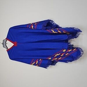 Guarda Pampas Inca poncho, red blue yellow, v-neck, fringe, feels like wool